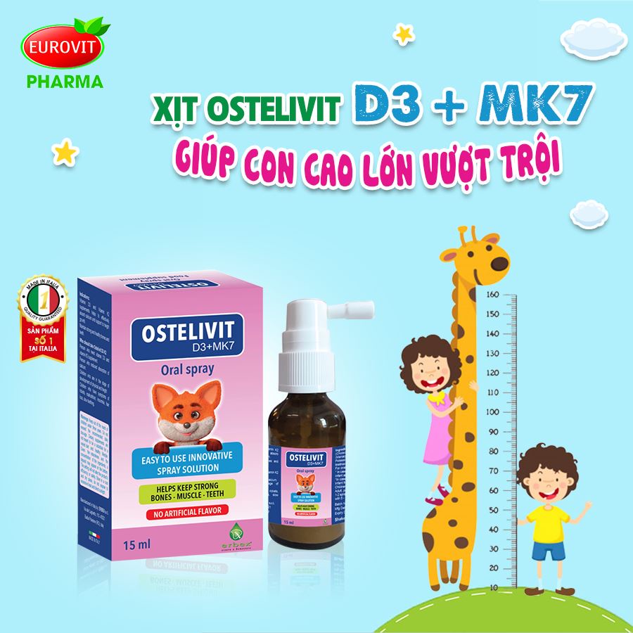 Ostelivit D3 K2 MK7 tăng cường hấp thu canxi cho bé giúp xương và răng chắc khỏe ọ 15ml