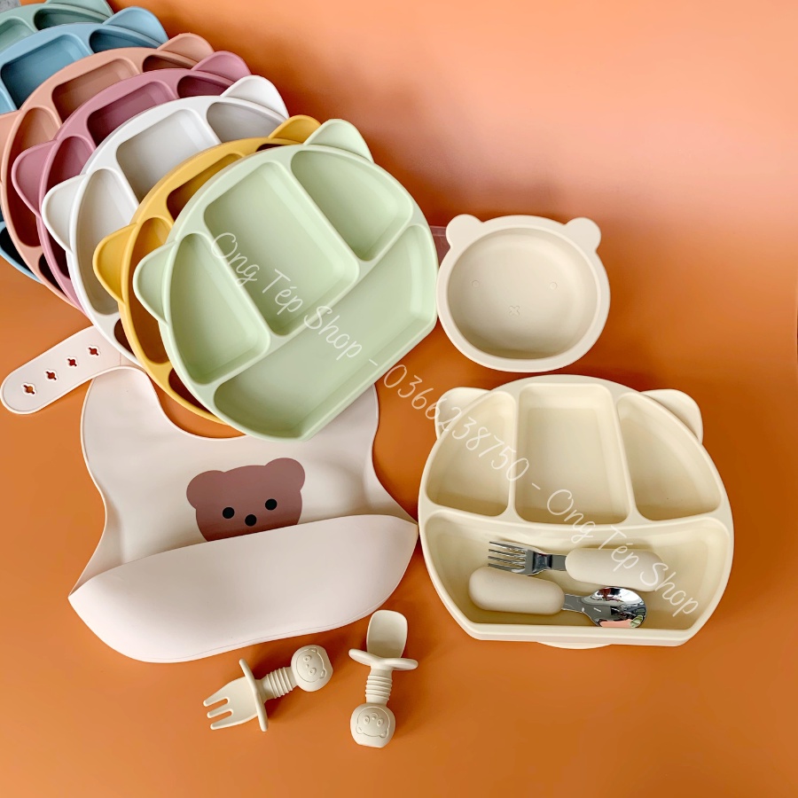 Khay ăn dặm silicon hình gấu 4 ngăn có đế hít chống lật cho bé