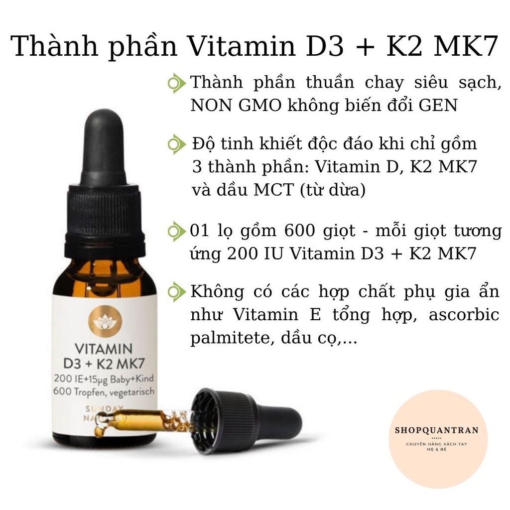 Vitamin D3 K2 MK7 Sunday Natural Đức 20ml (Date 2023) Chính Hãng