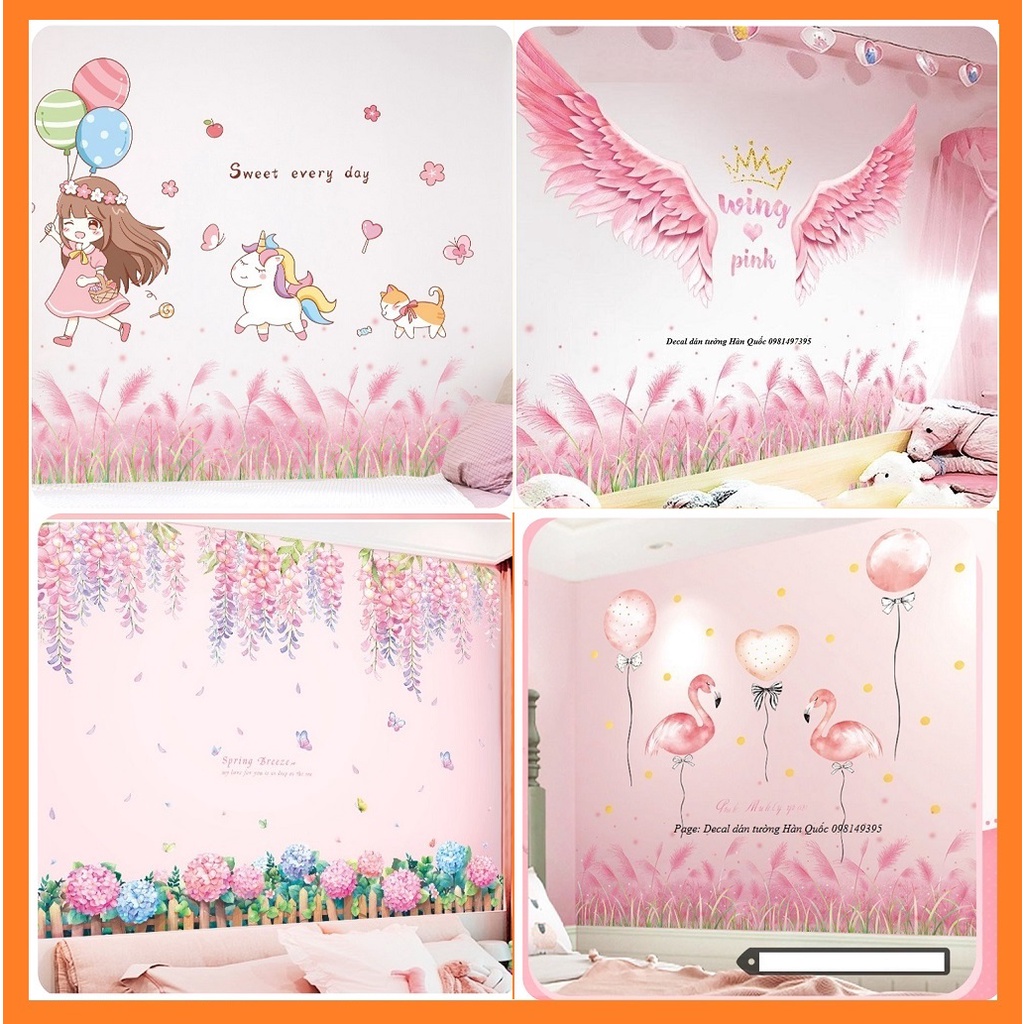 Decal dán tường phong cách Hàn Quốc, chủ đề công chúa màu hồng trang trí phòng cho bé