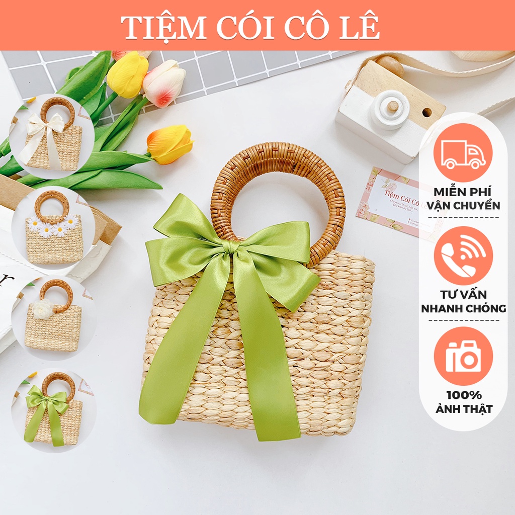 Túi lục bình mini dáng vuông, làn cầm tay đan kiểu mắt na xinh xắn - Tiệm Cói Cô Lê