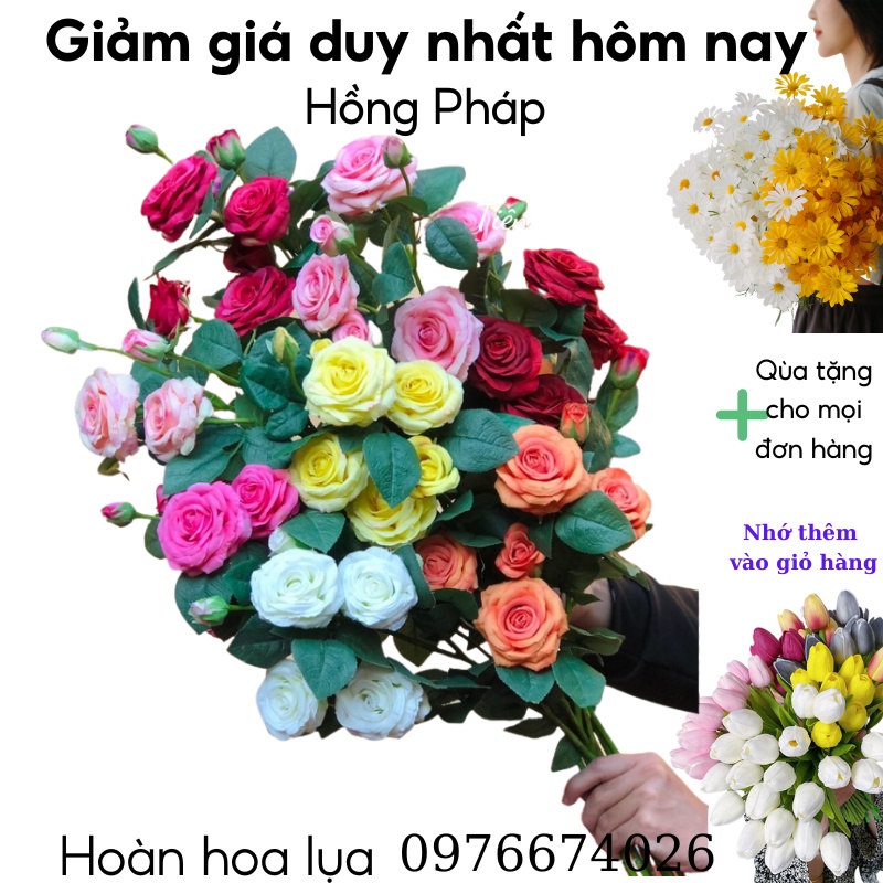 Cành hồng Pháp 7 bông hàng cao cấp nhập khẩu, giá cam kết rẻ nhất_Hoàn hoa lụa