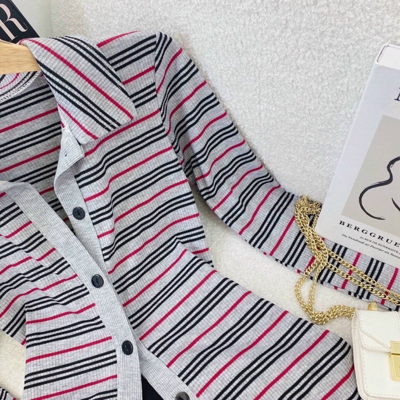 SET ÁO SỌC CỔ POLO CÀI NÚT + SHORT ĐEN