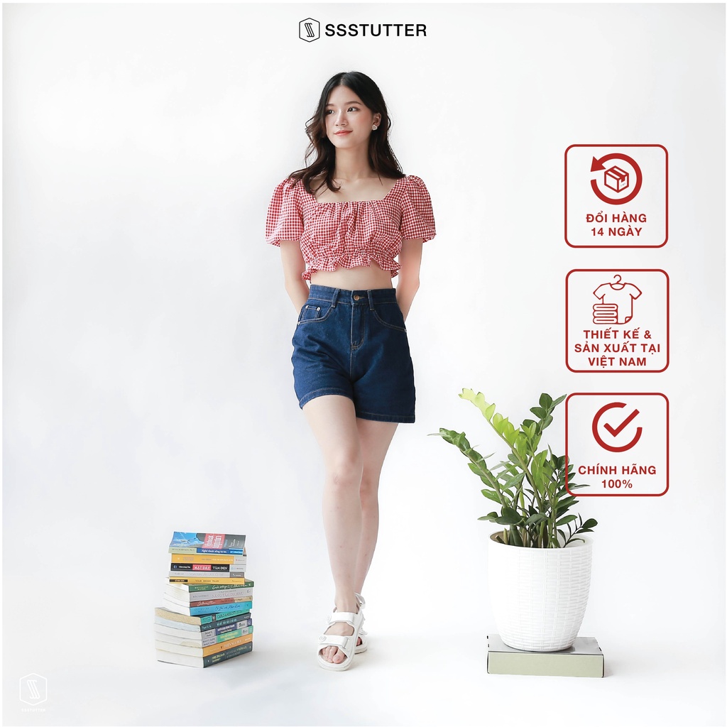Quần short jean nữ SSSTUTTER vải jeans mềm thoải mái kiểu dáng lửng mid-length jeans