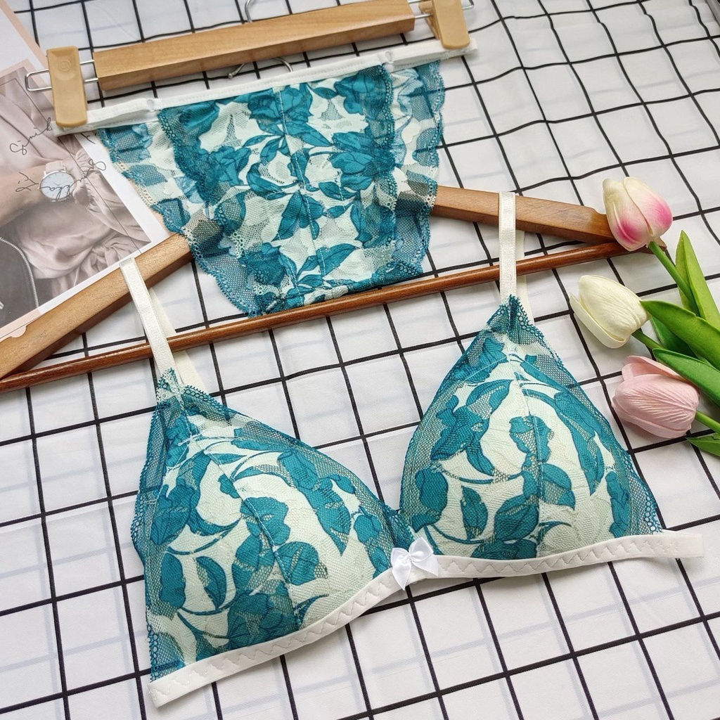Set nội y Bralette ren không gọng, mút mỏng - Màu xanh họa tiết - NY17 - Đồ lót nữ