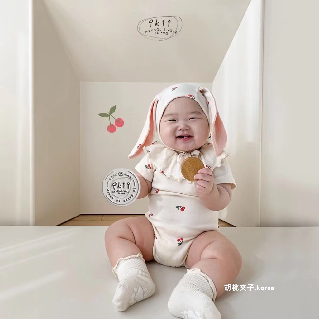 Bộ Áo Liền Quần Tay Ngắn + Mũ Tai Thỏ Thời Trang Mùa Hè Cho Bé Gái Sơ Sinh
