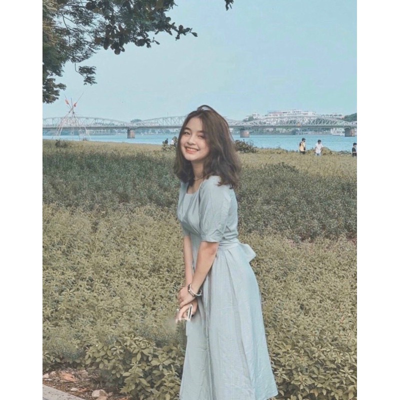 Đầm xanh tay phồng cột eo ( ảnh thật sàn)