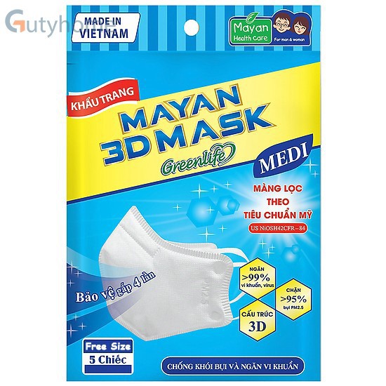 Khẩu trang 3D Mayan  Adult Mask - Túi 5 cái màu trắng P 2.5