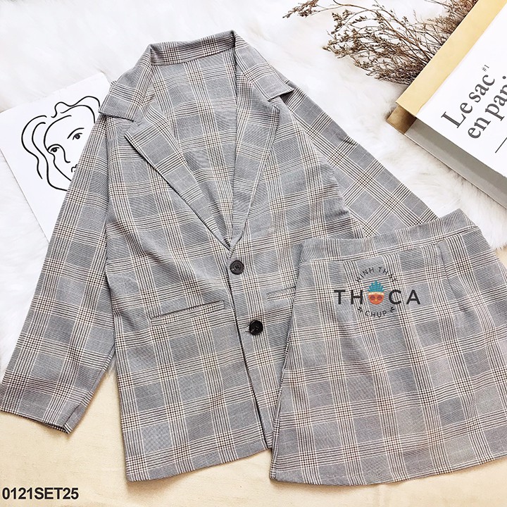 Set khoác vest blazer tay dài 2 túi phối chân váy ngắn caro THOCA HOUSE basic thanh lịch, phù hợp đi làm, đi công tác | BigBuy360 - bigbuy360.vn