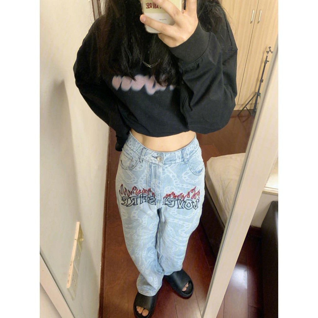 Quần Jeans Ống Suông Thêu Họa Tiết Phong Cách HipHop Âu Mỹ Thời Trang Mùa Thu Cho Nữ