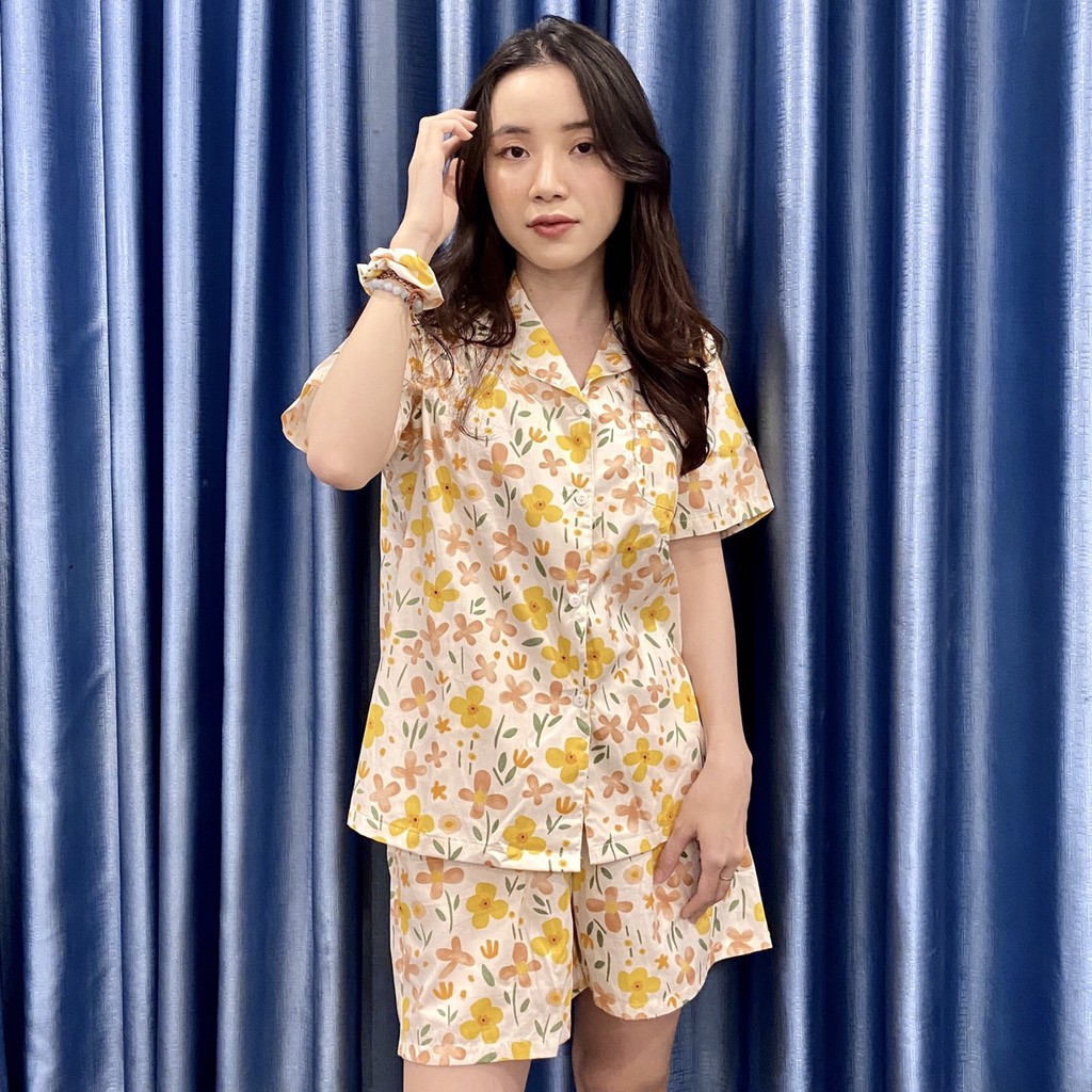 [XẢ KHO] Bộ Pyjama thô Hàn - Hoa 4 cánh Thiết kế siêu xinh Quần đùi áo cộc