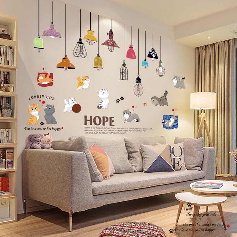 BỘ COMBO DECAL GHÉP ĐÔI TRANG TRÍ - Mèo Phá kết hợp Bòng Đèn dây ( 2 TẤM )