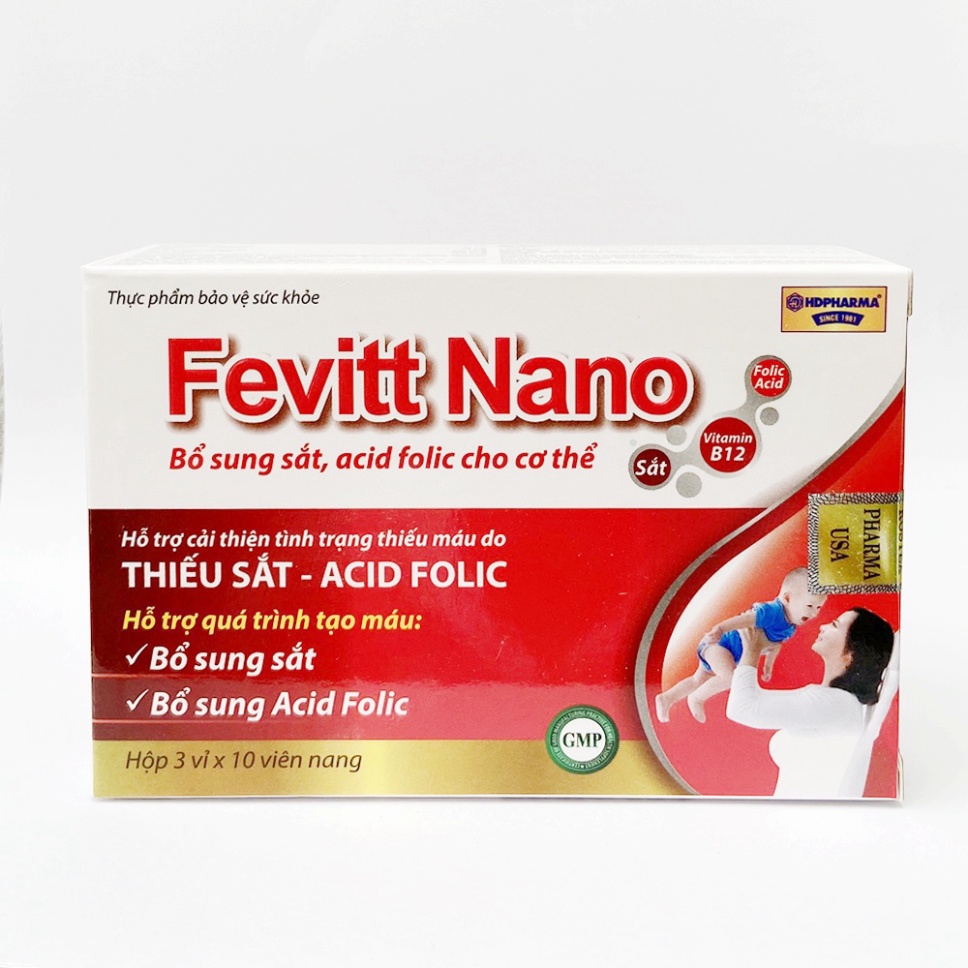 Viên uống bổ máu Fevitt Nano bổ sung Sắt hữu cơ, Acid Folic, giảm tình trạng thiếu máu - Hộp 3 mắt 30 viên