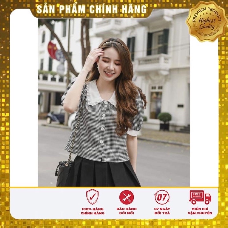 Áo Sơ Mi Nữ Kẻ Caro Đen cổ bèo, Áo Nữ Công Sở Ngắn tay Dáng Đẹp Kiểu Hàn Quốc Gloria Shop