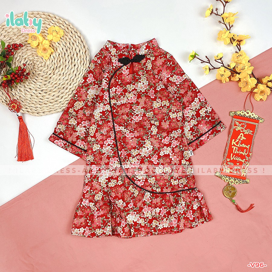 Váy sườn xám cho bé gái ILABY cách tân hiện đại chất thô cotton mềm mịn thoáng mát họa tiết hoa màu hồng, nhũ [V96] – ILABY >>> top1shop >>> shopee.vn