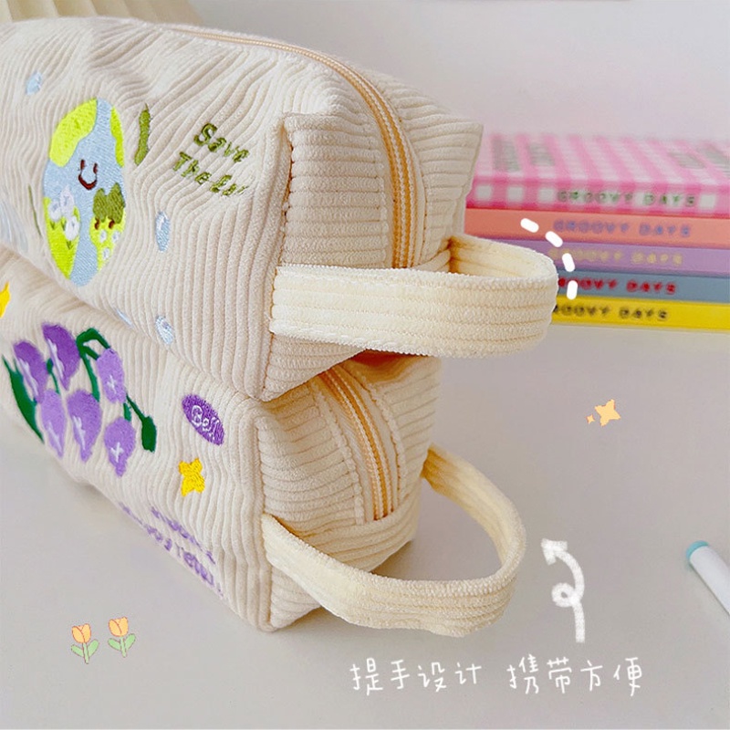 1 Hộp Bút Vải Nhung Kẻ Cỡ Lớn Thêu Họa Tiết Dễ Thương Chống Thấm Nước Có Khóa Kéo Tiện Dụng Cho Học Sinh