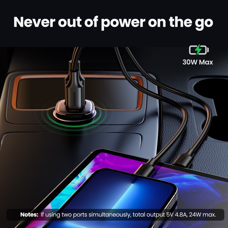 Tẩu sạc UGREEN USB-C USB-A sạc nhanh ô tô hai cổng 48W thích hợp cho Xiaomi 12/ Samsung S20 S21/ iPhone 12 13 14 Pro Max