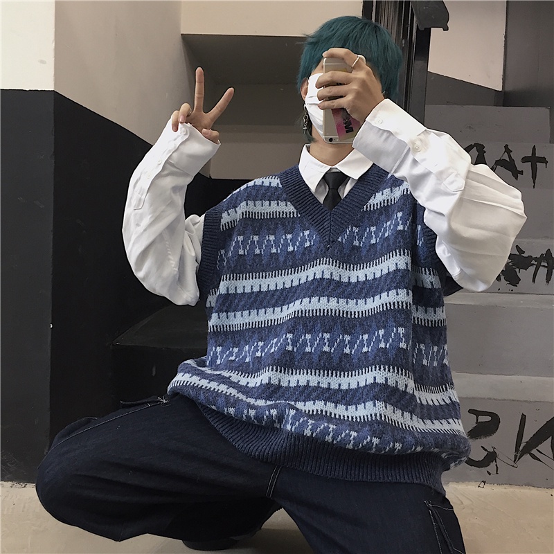 Áo Sweater Không Tay Dáng Rộng Phong Cách Retro Hàn Quốc Dành Cho Nam Và Nữ