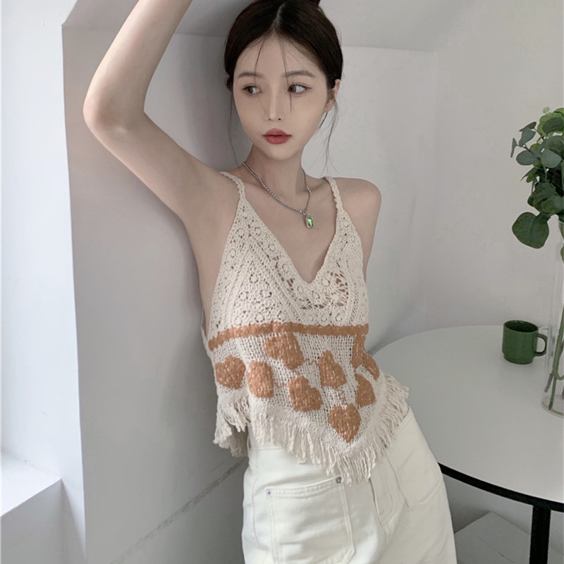 Áo Hai Dây Dệt Kim Cổ Chữ V Phối Tua Rua Quyến Rũ Cho Nữ