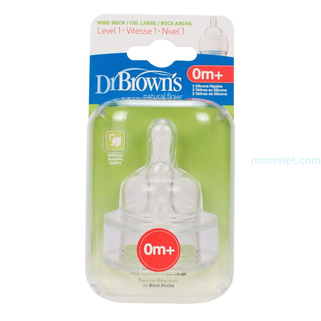 [Chính Hãng] HỘP 2 NÚM TY SILICONE DR.BROWN'S CỔ RỘNG LEVEL 1-2-3-4- ycut