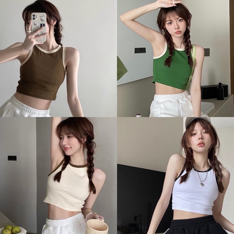 Áo croptop 3 lỗ nữ thun gân tăm viền màu kèm clip và ảnh thật