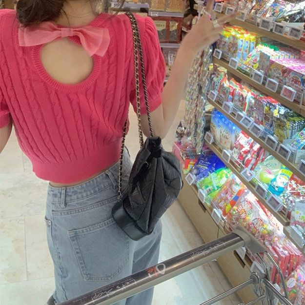 COZOK Áo Thun Dệt Kim Tay Ngắn Thắt Nơ Xinh Xắn Hợp Thời Trang