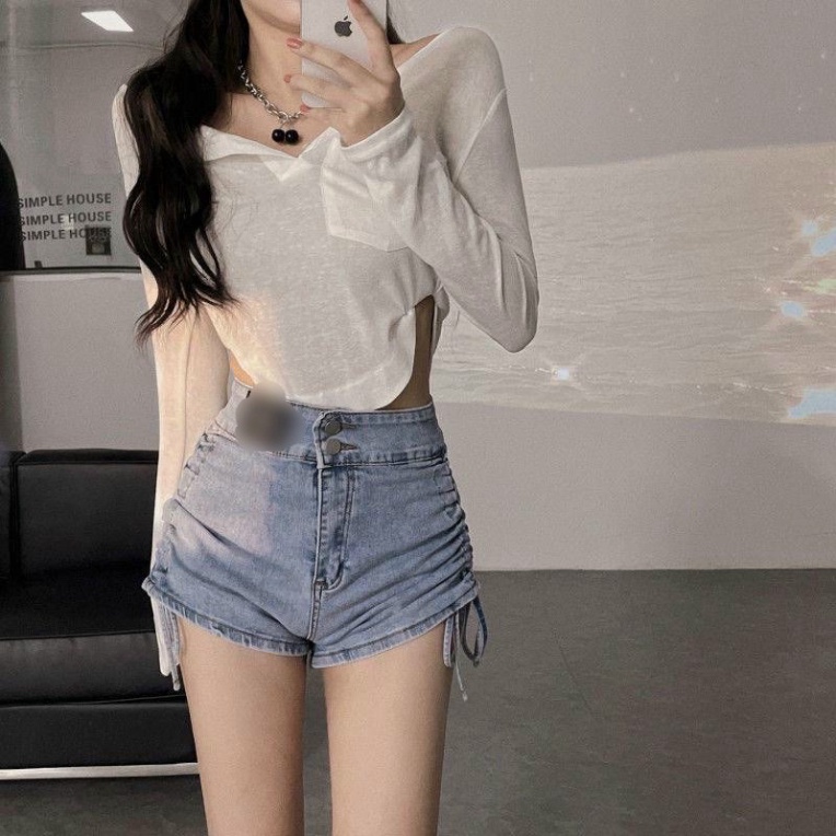 Quần jeans rút dây 2 bên, quần đùi rút dây vải  jeans - S7U