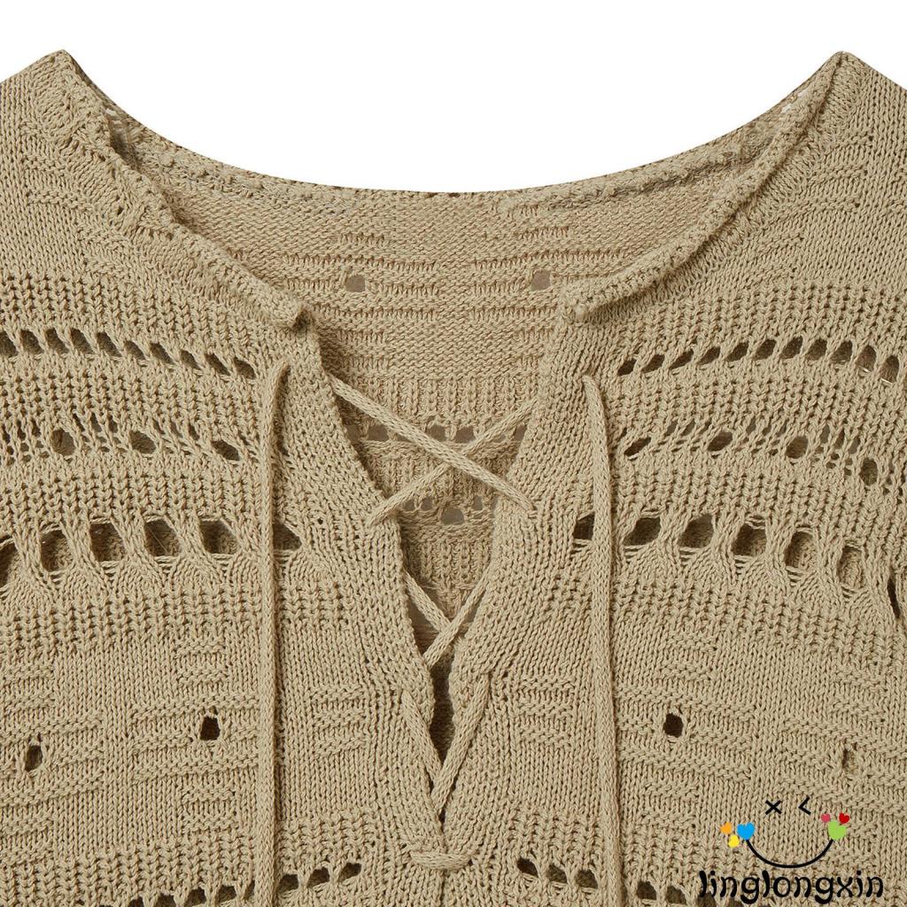 Áo Dệt Kim Tay Dài Cổ Tròn Thắt Dây Chéo Màu Trơn Phong Cách Vintage Dành Cho Nữ Linglongxi2-Y2K