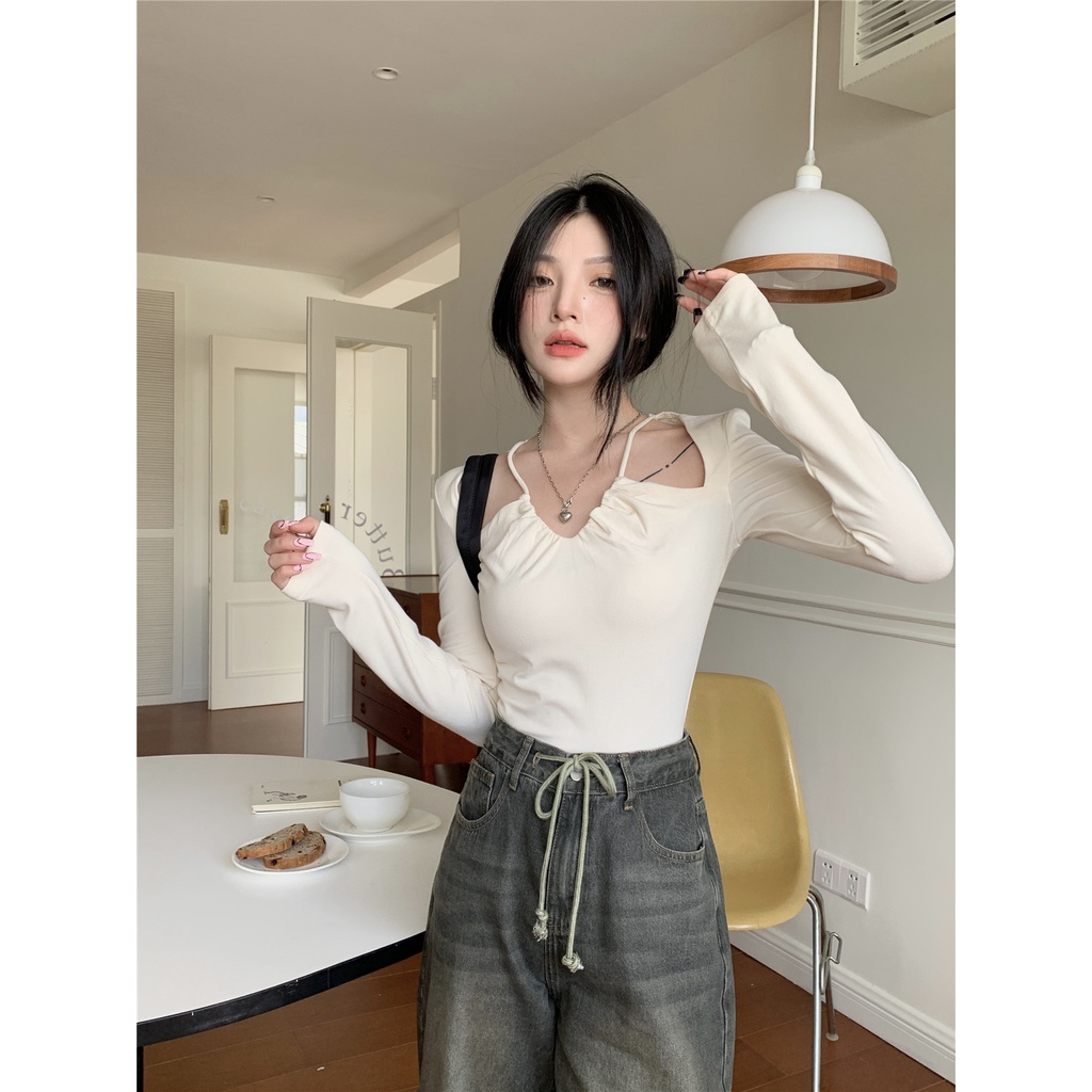 Áo Sơ Mi Tay Dài Cổ Chữ V Không Đối Xứng Màu Trơn Kiểu Mỹ