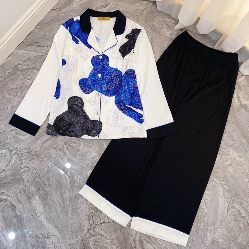 pijama lụa cao cấp Quảng Châu CLC tay dài lá đáy bình