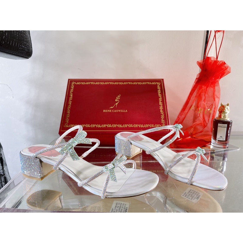 Dép cao gót mũi tròn quai ngang gót vuông 4.5cm đính đá thương hiệu Rene Caovilla da thật cao cấp