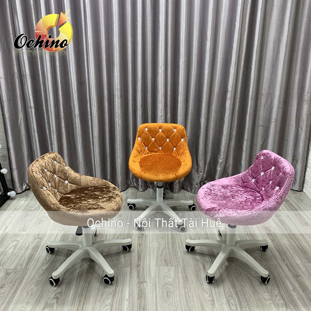 Ghế Trang Điểm Xoay, Ghế Spa Mẫu Nỉ Nhung Đính Đá Cách Điệu Chân Trắng (Hàng Có Sẵn)