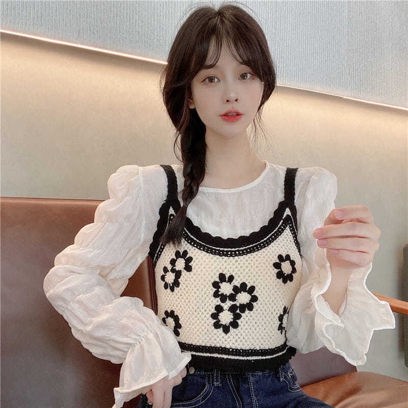 Áo 2 dây len thêu hoa cúc 3 màu cho nữ
