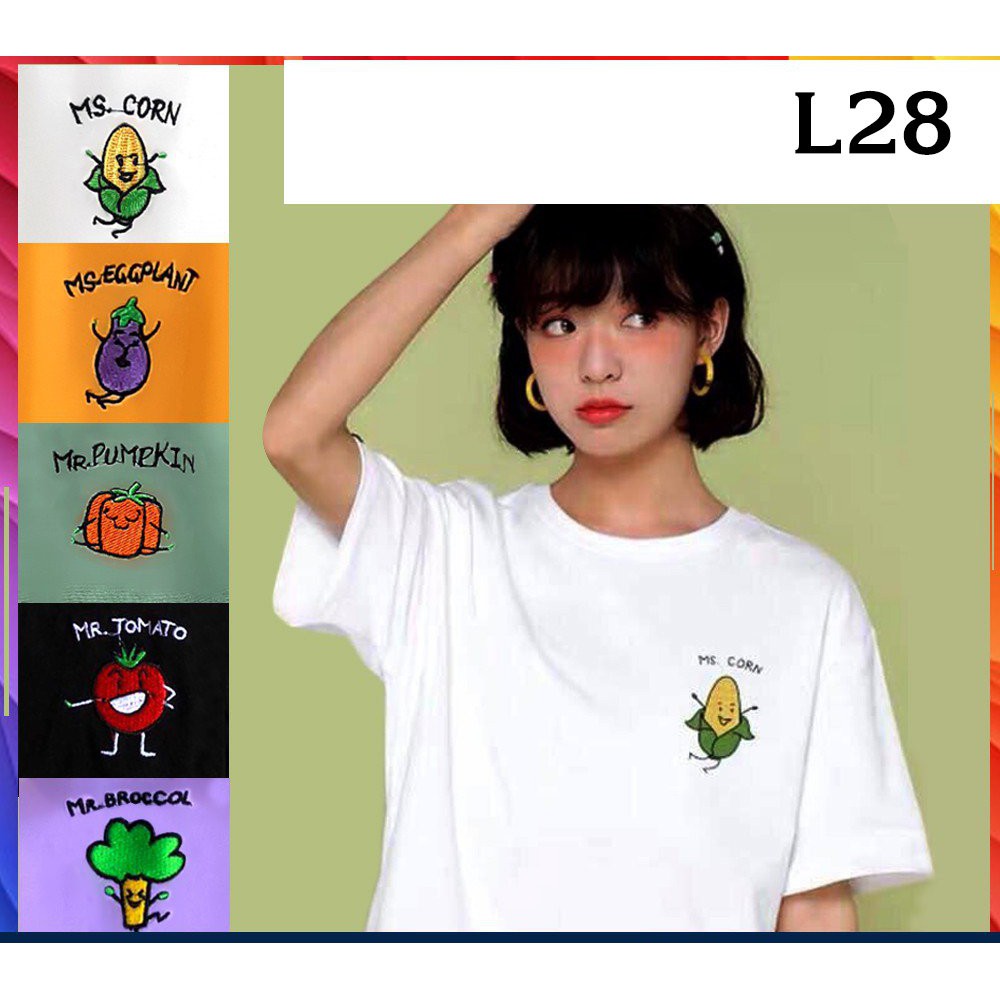 Áo thun 𝑭𝒓𝒆𝒆𝒔𝒉𝒊𝒑 Áo nữ tay lỡ freesize - phông form rộng dáng Unisex L28, mặc lớp, nhóm, cặp, lớp thêu hình rau củ.