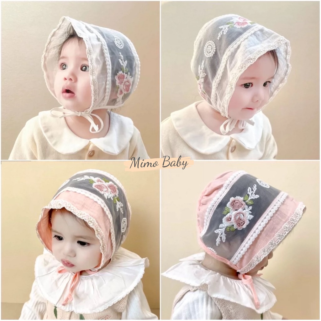 Mũ nón tiểu thư vải đũi phối ren thêu hoa xinh xắn cho bé gái MTT141 Mimo Baby