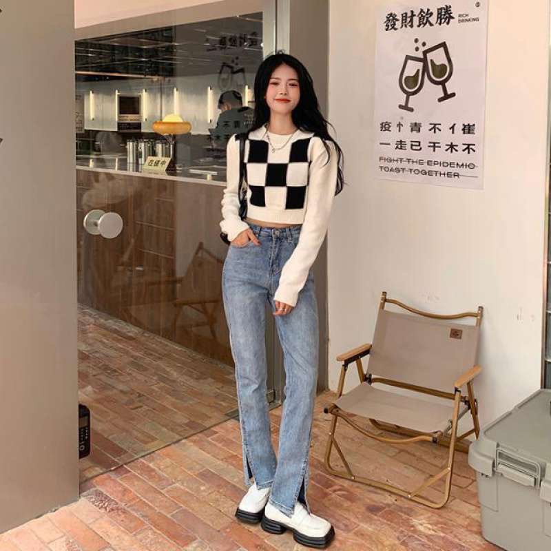 Áo len croptop dệt kim tay dài cổ tròn kẻ sọc caro sang trọng phong cách Hàn Quốc thời trang cho nữ | BigBuy360 - bigbuy360.vn