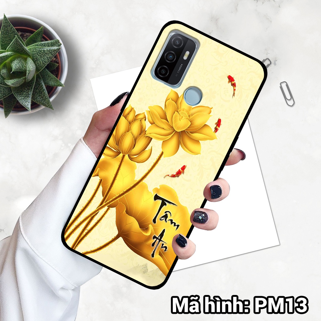 Ốp điện thoại OPPO A53 in hình hoa sen,cá chép phong thủy – lưng kính tráng gương viền dẻo