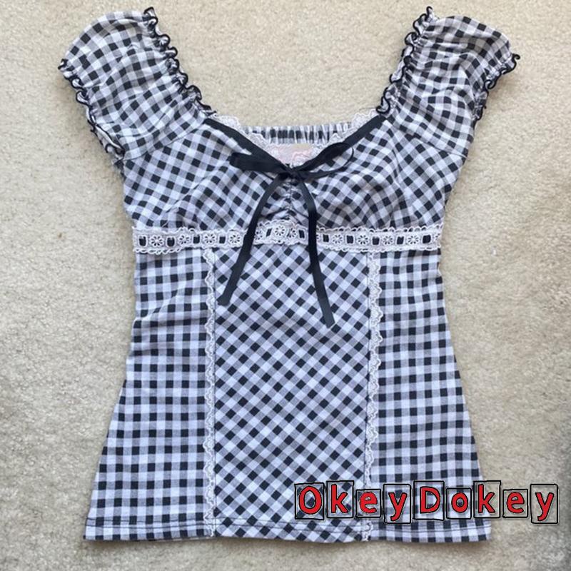 Áo croptop cổ vuông phối ren họa tiết sọc caro Y2K