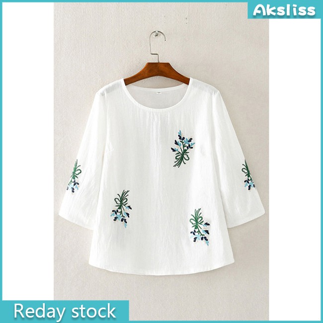 aksdiss New stock HOT! Women  Milk  Silk  T-shirt Embroidery Solid Background Large Size Seventh-sleeve Loose T-shirt