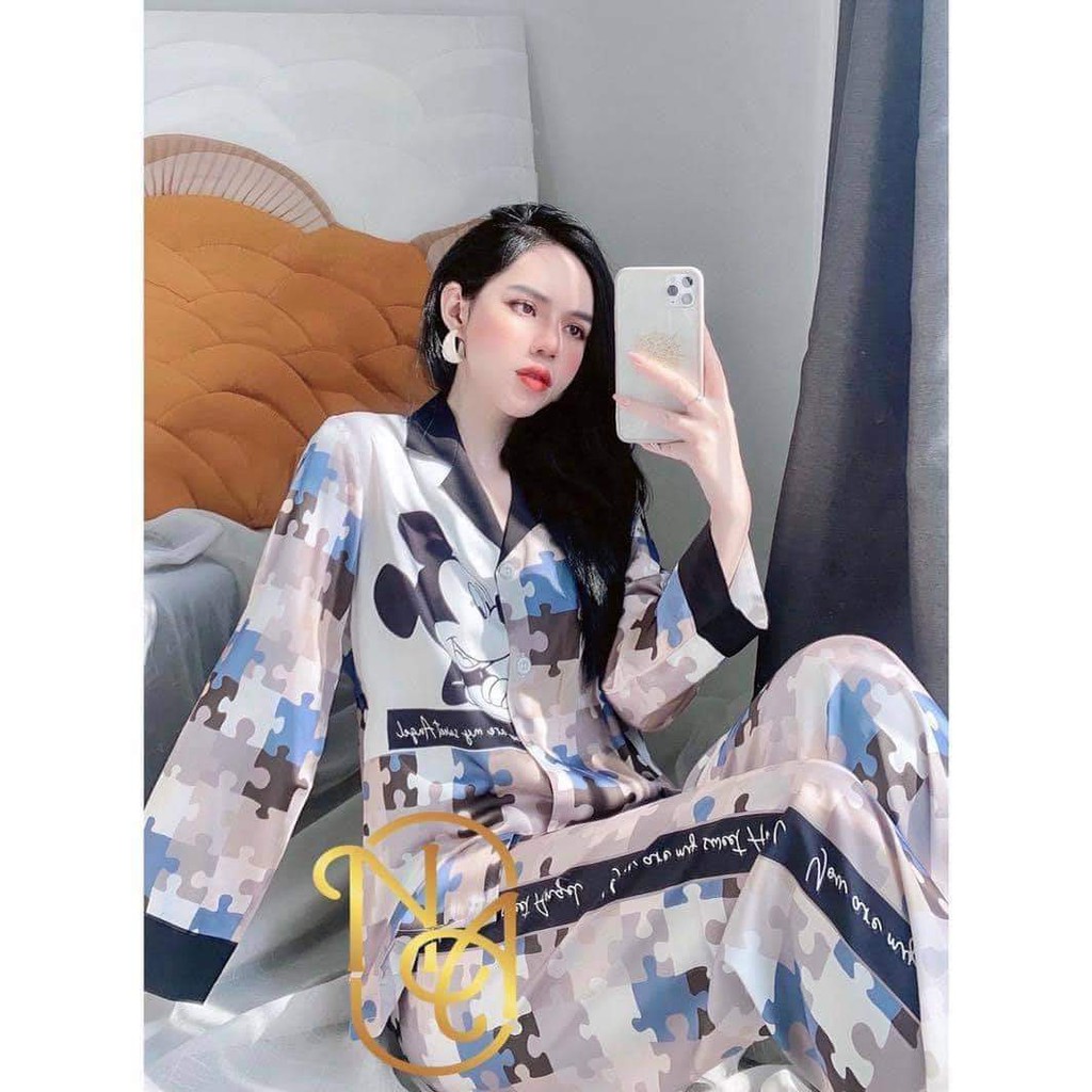 Bộ Pijama dài tay thiết Kế 𝘾𝘼𝙊 𝘾𝘼̂́𝙋- Bộ Đồ Lụa Latin Họa Tiết MicKey Sang Chảnh, Siêu Mịn.