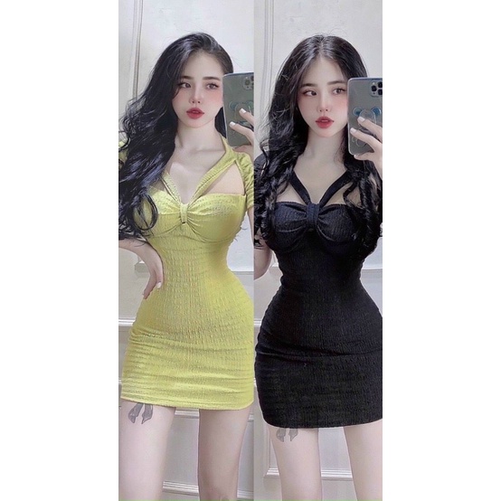 Đầm xốp quảng châu tay ngắn nơ ngực 2 dây chéo cổ cực hot , chất thun xốp dày dặn mềm mịn ly alohashop91