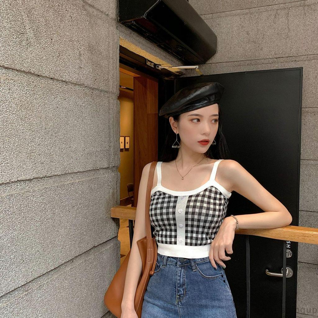 Áo Hai Dây Họa Tiết Caro Phong Cách Vintage Thời Trang Cho Nữ