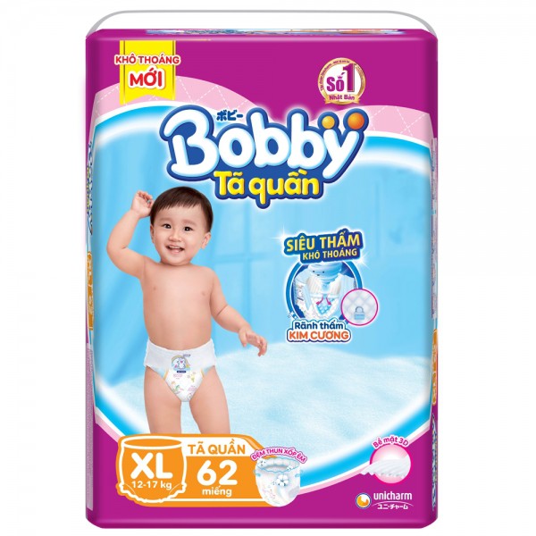 Tã quần Bobby M74/ L68/ XL62/ XXL56/ XXXL24 mẫu mới ( rãnh thấm kim cương )