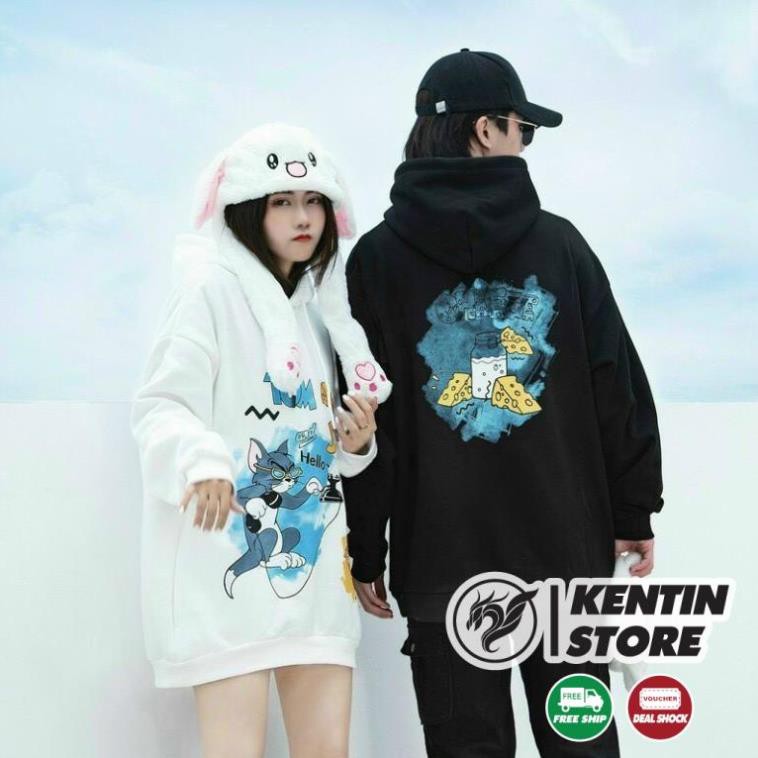 Áo hoodie chống nắng dành cho nam cho nữ có 2 màu, unisex form rộng in hình mèo và chuột Ulzzang KENTIN | BigBuy360 - bigbuy360.vn