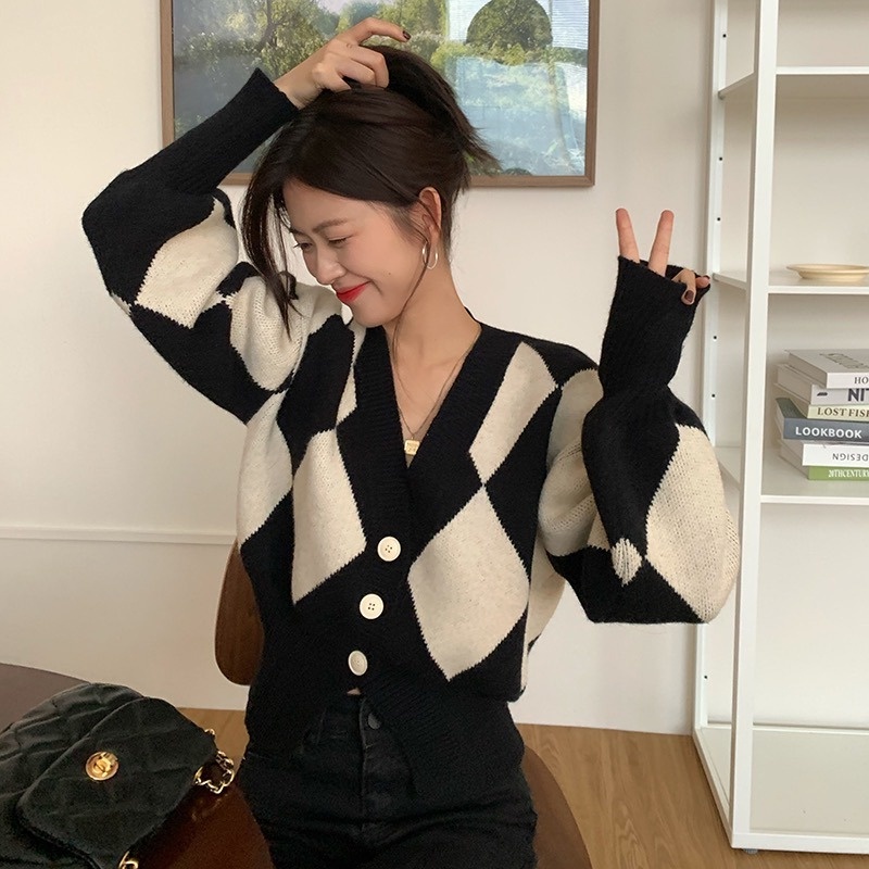 Áo khoác cardigan dệt kim ZHELIHANGFEI tay phồng cổ chữ V kiểu dáng thời trang cho nữ