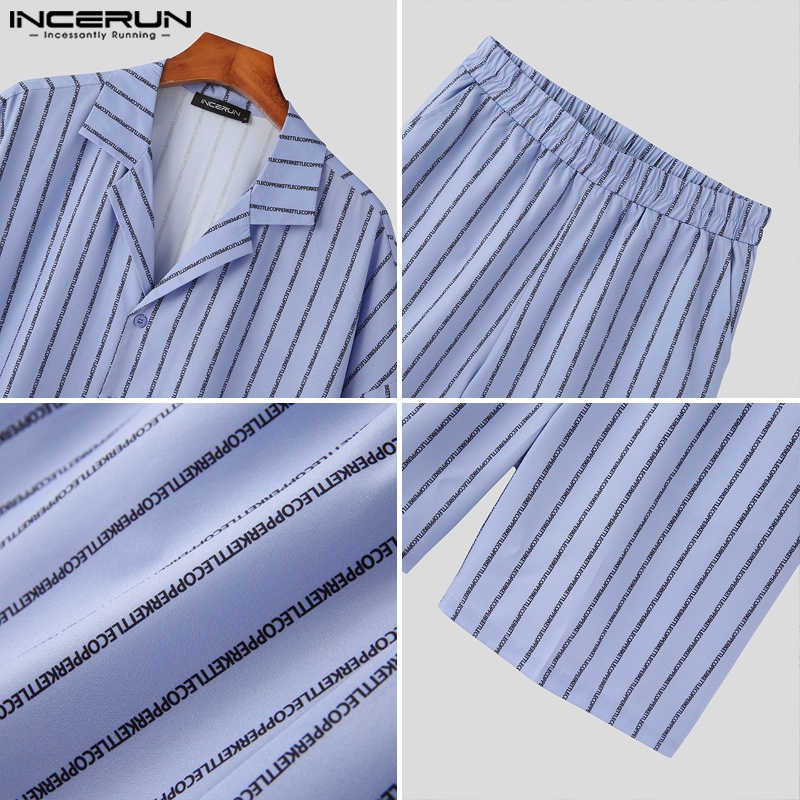 Set trang phục INCERUN với áo sơ mi kẻ sọc ngắn tay và quần ngắn lưng thun thời trang cho nam