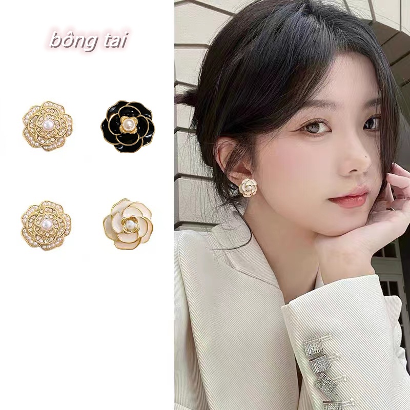 Bông Tai Hình Hoa Trà Đính Ngọc Trai Thời Trang Hàn Quốc