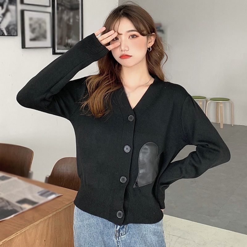 Áo khoác cardigan dệt kim dáng rộng họa tiết trái tim xinh xắn cho nữ