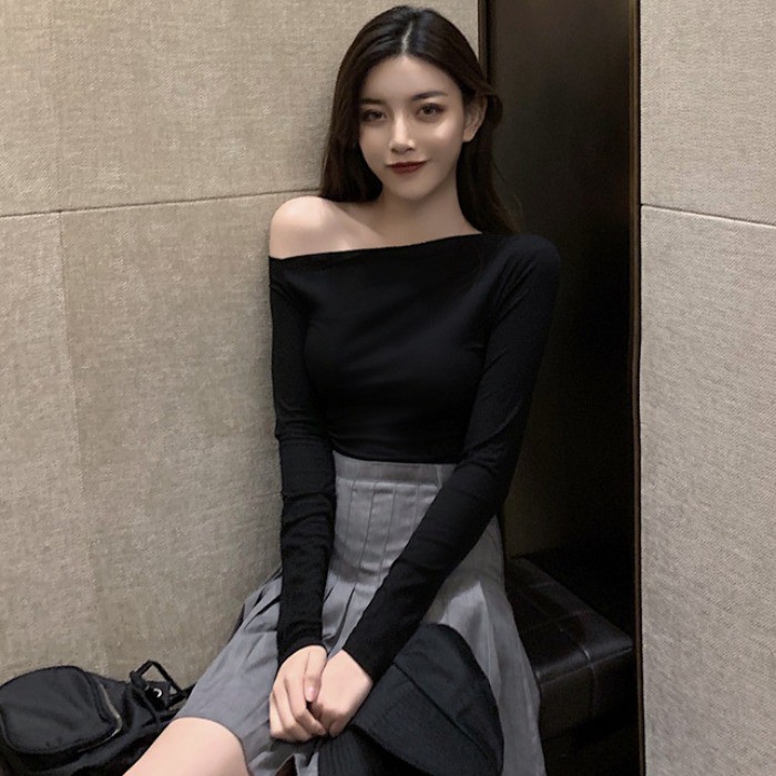 ☄Áo sơ mi dài tay thun trễ vai cổ xéo xiên gợi cảm của nữ