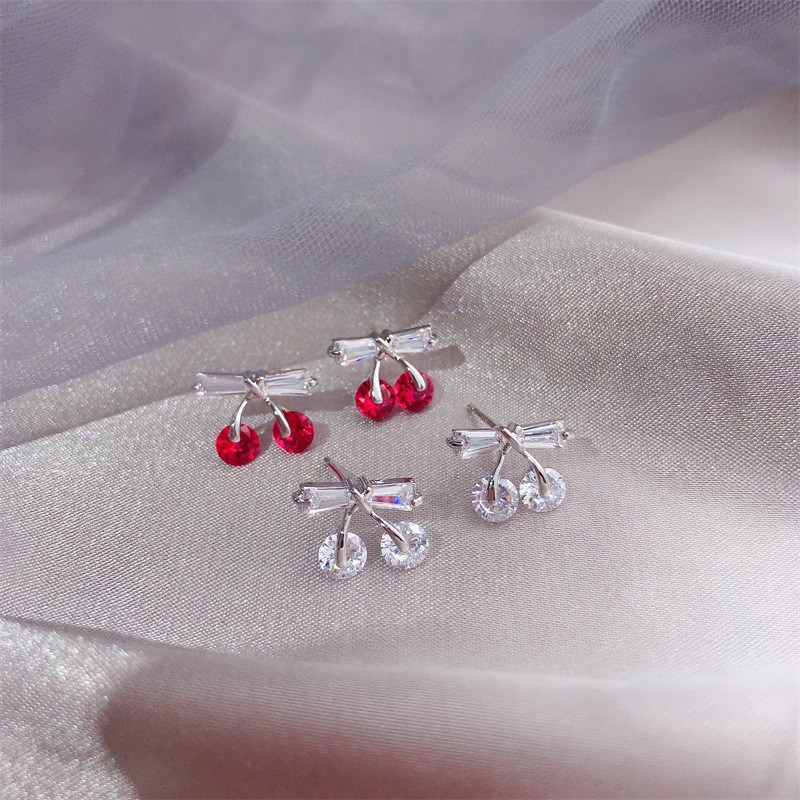 Khuyên Tai Hình Quả Cherry Đỏ Đính Đá Zircon Kiểu Hàn Quốc